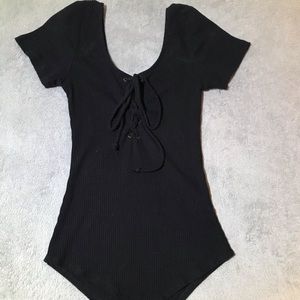 Black Short Sleeve Lace Up Body Suit